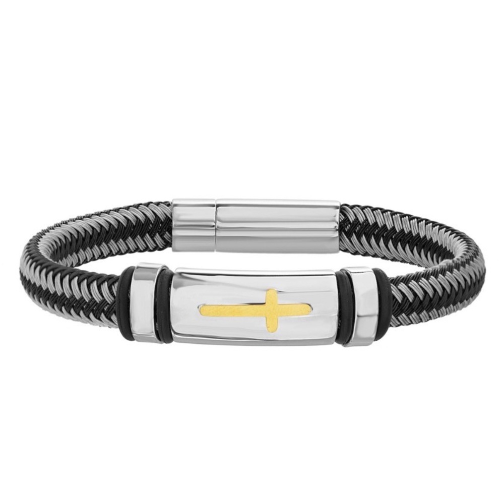 1913 Men's Tri-Tone Stainless Steel Cross Bracelet